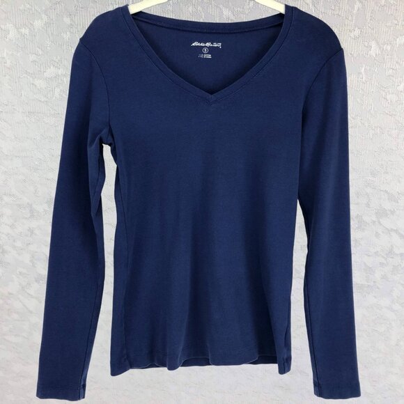 Eddie Bauer Dark Blue 100% Cotton Long Sleeve V-Neck Tee Size S - Picture 1 of 11